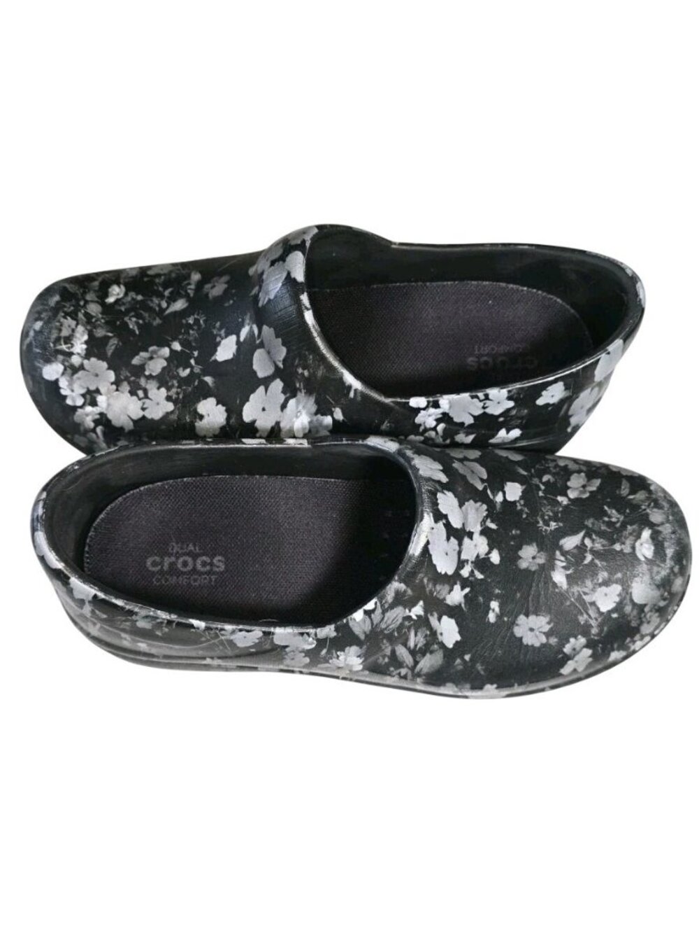 Womens Crocs Floral Print Slip-Resistant Work Clogs Black White Size W6